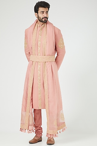 Old Rose Embroidered Sherwani Set by Rar Studio Men