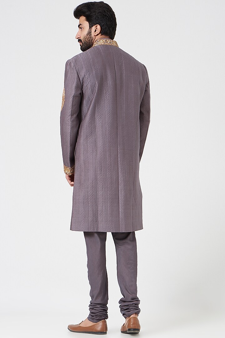 Grey Chanderi Handloom Hand Embroidered Wedding Sherwani Set by Rar Studio Men at Pernia's Pop Up Shop