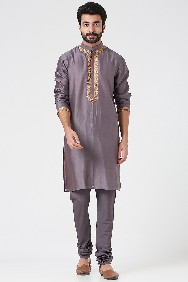 Grey Chanderi Handloom Hand Embroidered Wedding Sherwani Set by Rar Studio Men at Pernia's Pop Up Shop