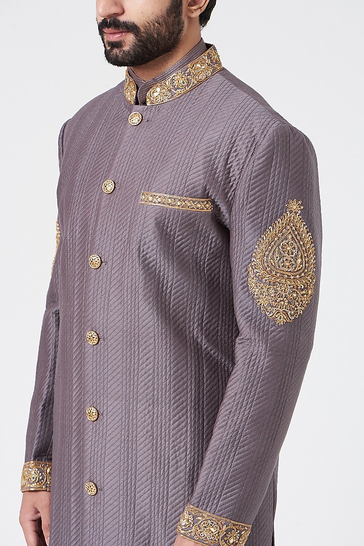 Grey Chanderi Handloom Hand Embroidered Wedding Sherwani Set by Rar Studio Men at Pernia's Pop Up Shop