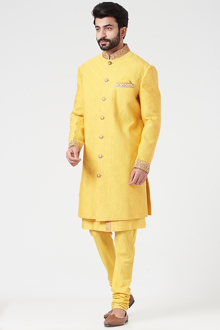 Yellow Chanderi Handloom Hand Embroidered Sherwani Set by Rar Studio Men