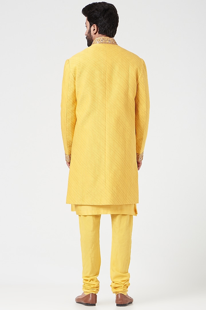 Yellow Chanderi Handloom Hand Embroidered Wedding Sherwani Set by Rar Studio Men at Pernia's Pop Up Shop