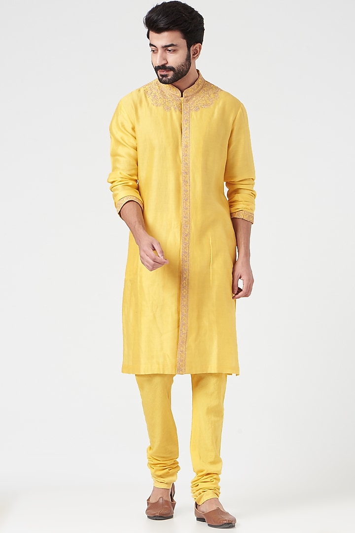Yellow Chanderi Handloom Hand Embroidered Wedding Sherwani Set by Rar Studio Men at Pernia's Pop Up Shop