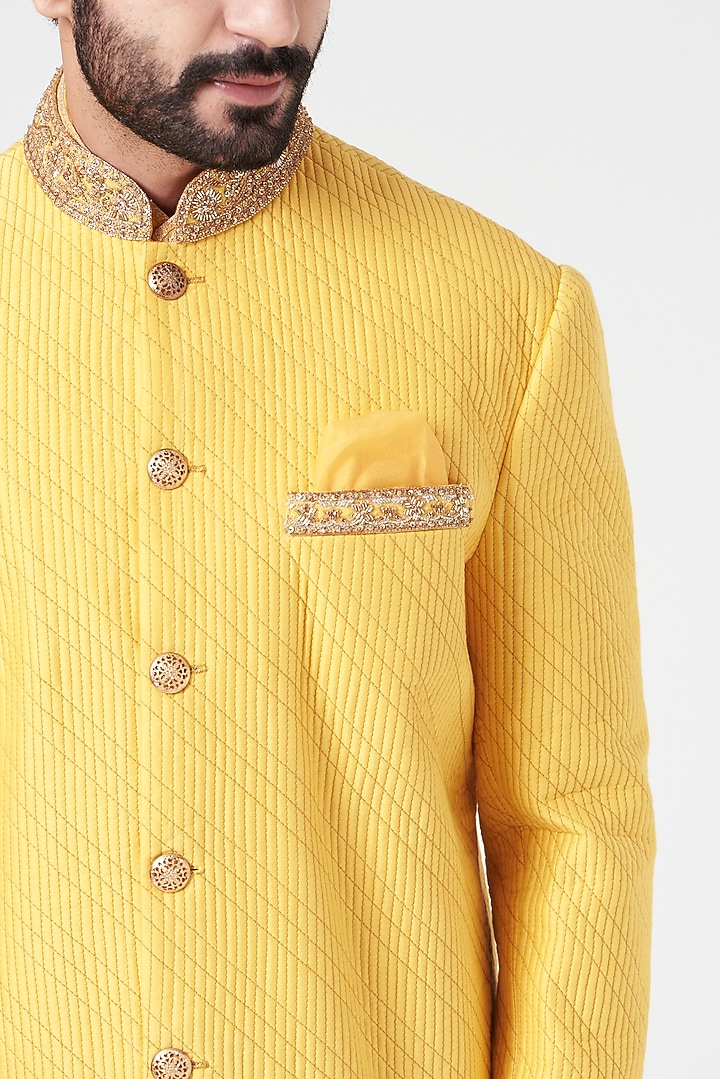 Yellow Chanderi Handloom Hand Embroidered Wedding Sherwani Set by Rar Studio Men at Pernia's Pop Up Shop