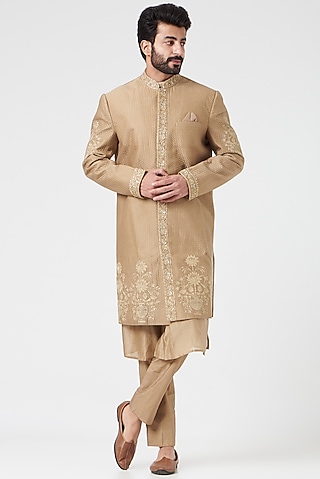 Dark Beige Chanderi Handloom Hand Embroidered Sherwani Set by Rar Studio Men
