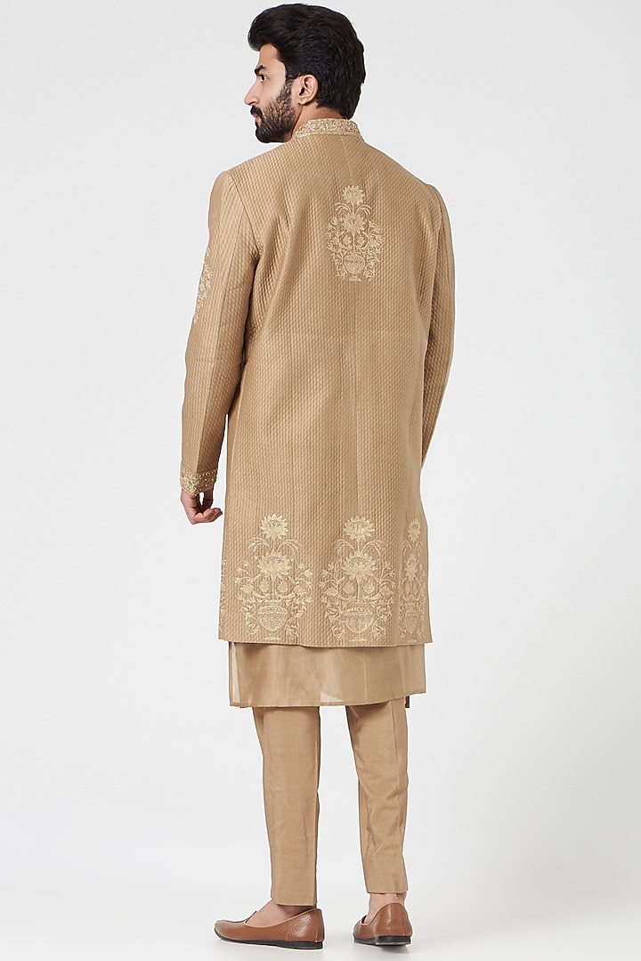 Dark Beige Chanderi Handloom Hand Embroidered Wedding Sherwani Set by Rar Studio Men at Pernia's Pop Up Shop