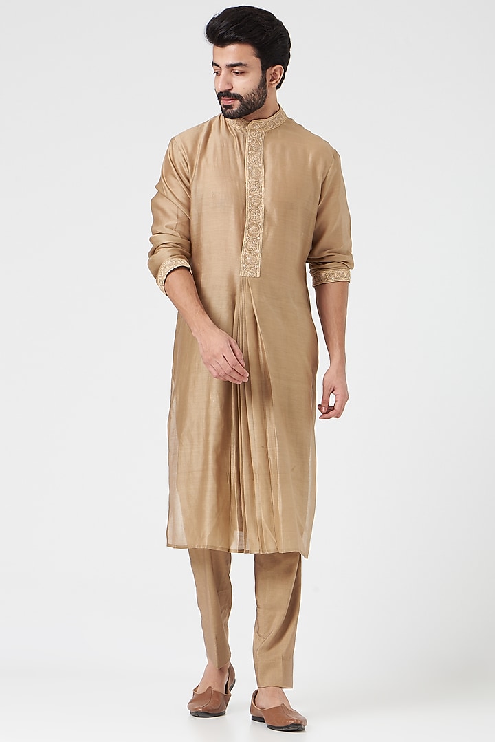 Dark Beige Chanderi Handloom Hand Embroidered Wedding Sherwani Set by Rar Studio Men at Pernia's Pop Up Shop