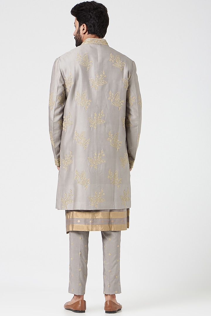 Grey Chanderi Handloom Hand Embroidered Wedding Sherwani Set by Rar Studio Men at Pernia's Pop Up Shop