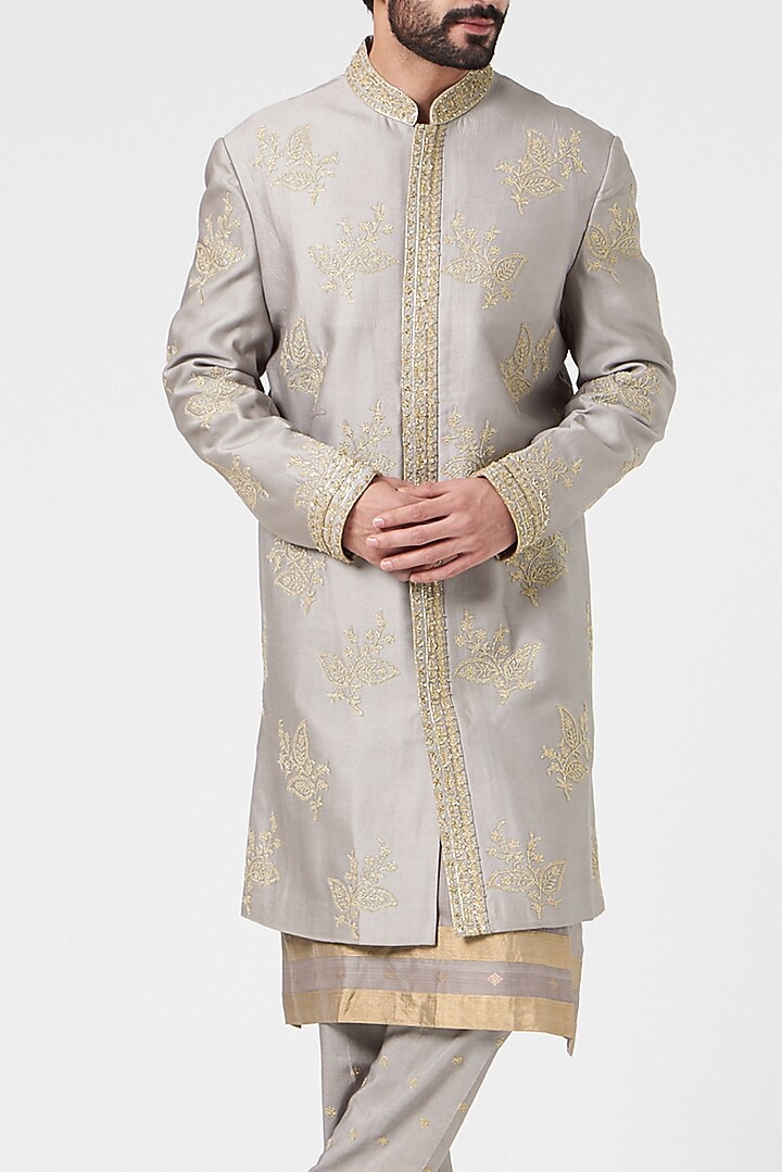 Grey Chanderi Handloom Hand Embroidered Wedding Sherwani Set by Rar Studio Men at Pernia's Pop Up Shop