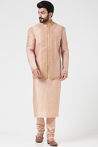 Blush Pink Kurta Set With Bundi Jacket by Rar Studio Men
