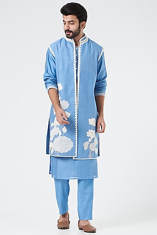 Blue Chanderi Handloom & Silk Cotton Hand Embroidered Indowestern Set by Rar Studio Men