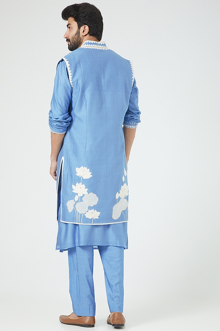 Blue Chanderi Handloom & Silk Cotton Hand Embroidered Wedding Indowestern Set by Rar Studio Men at Pernia's Pop Up Shop