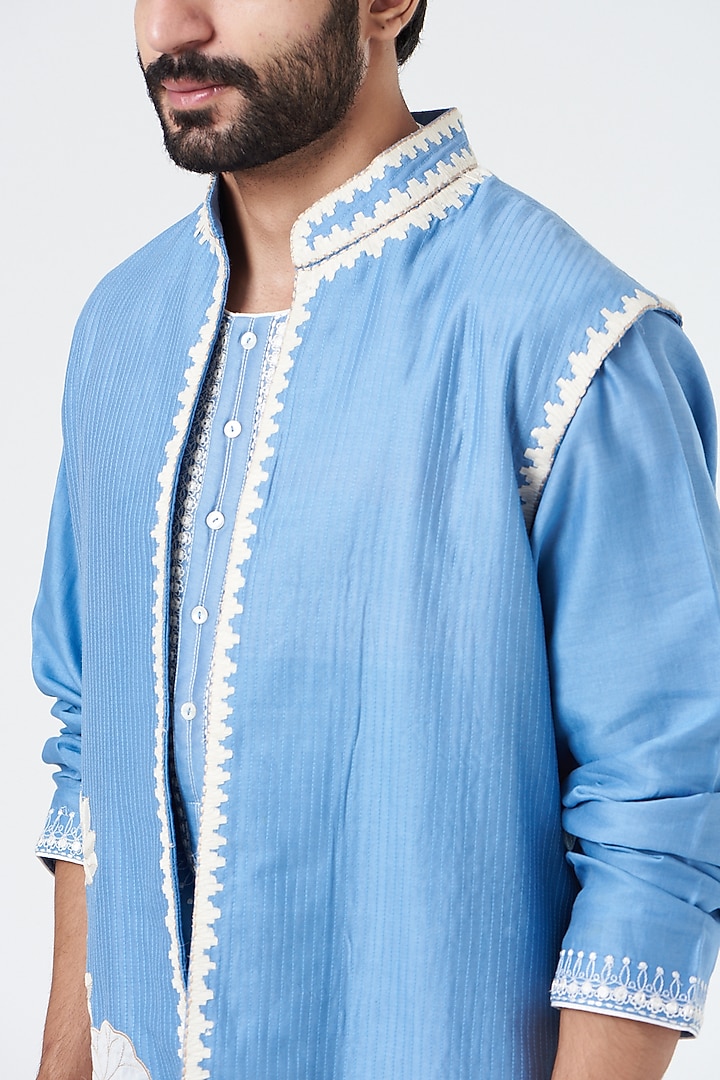 Blue Chanderi Handloom & Silk Cotton Hand Embroidered Wedding Indowestern Set by Rar Studio Men at Pernia's Pop Up Shop