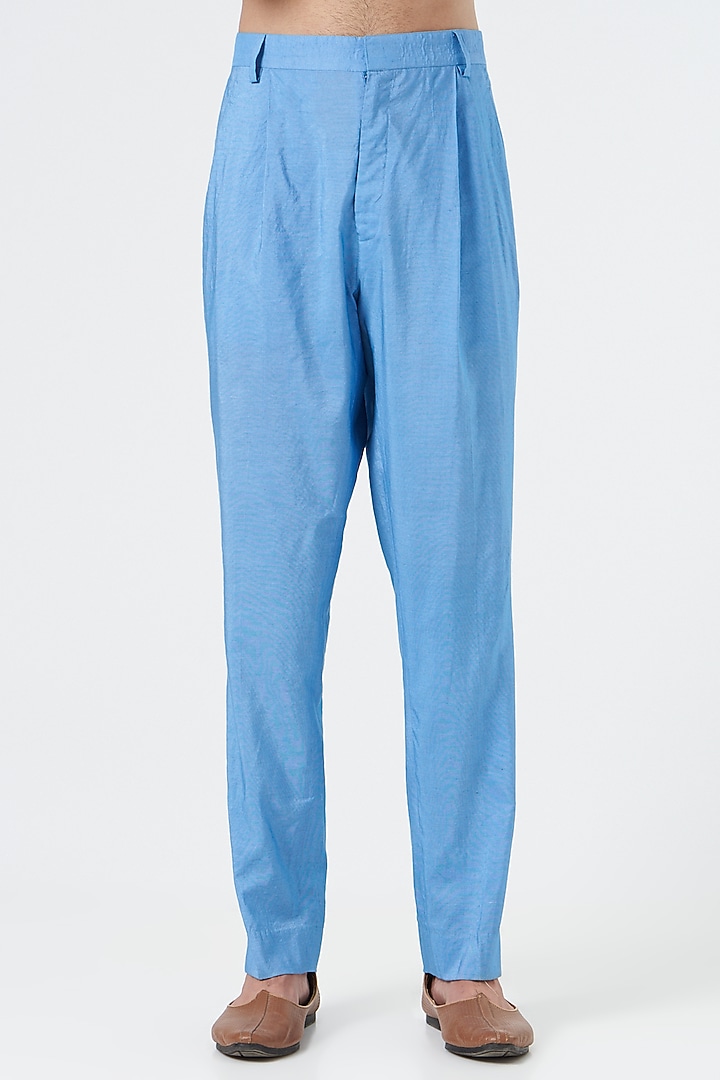 Blue Chanderi Handloom & Silk Cotton Hand Embroidered Wedding Indowestern Set by Rar Studio Men at Pernia's Pop Up Shop