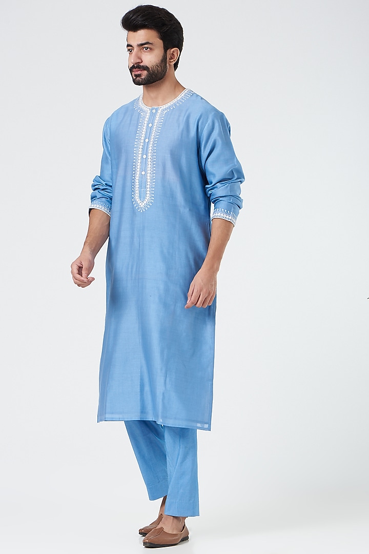 Blue Chanderi Handloom & Silk Cotton Hand Embroidered Wedding Indowestern Set by Rar Studio Men at Pernia's Pop Up Shop