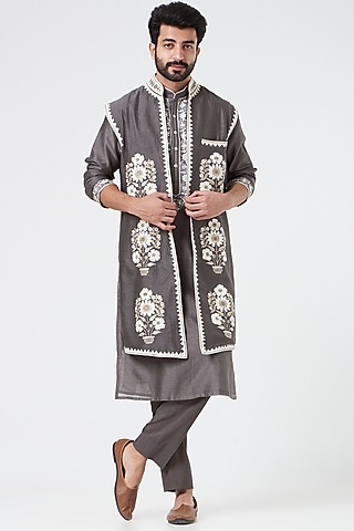 Grey Embroidered Indo Western Set by Rar Studio Men
