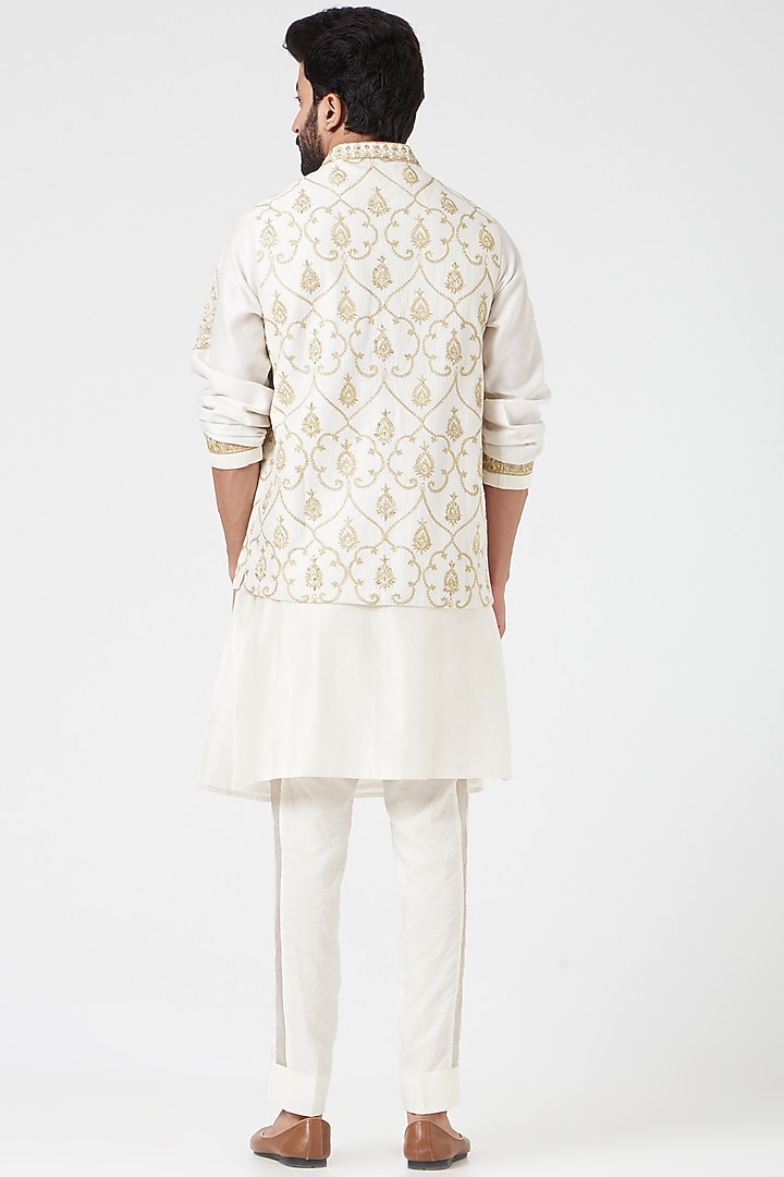 Rose Gold Raw Silk Mirror Embroidered Nehru Jacket Set by Rar Studio Men at Pernia's Pop Up Shop
