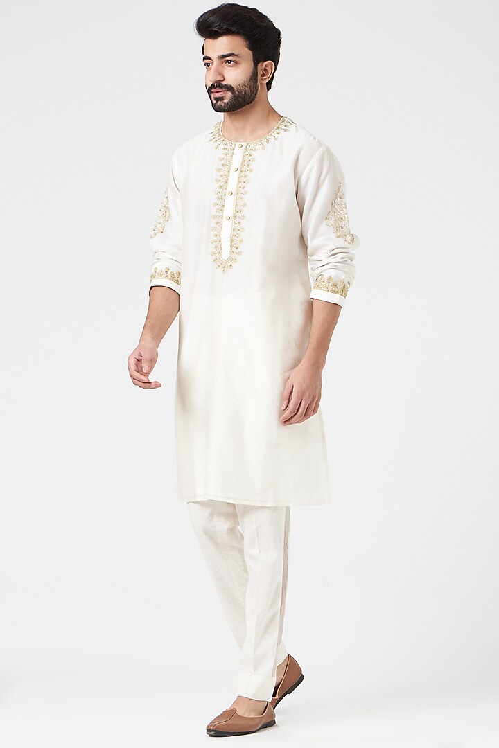 Rose Gold Raw Silk Mirror Embroidered Nehru Jacket Set by Rar Studio Men at Pernia's Pop Up Shop