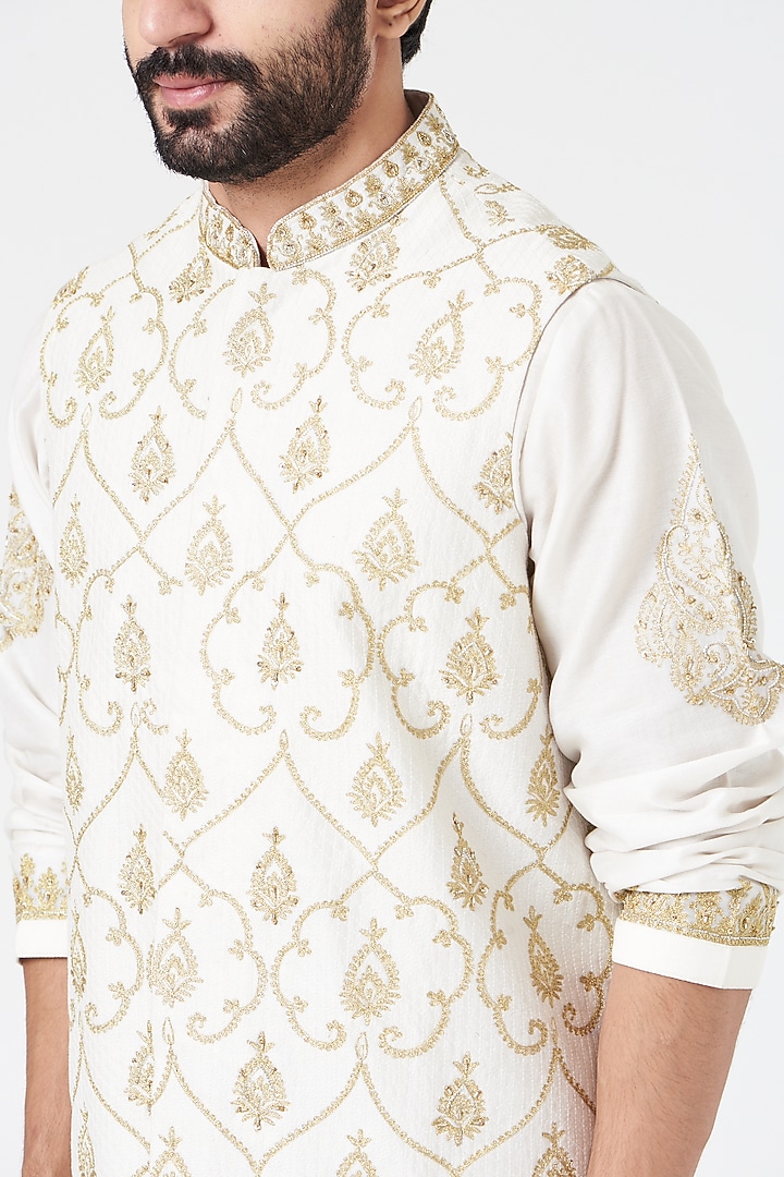 Rose Gold Raw Silk Mirror Embroidered Nehru Jacket Set by Rar Studio Men at Pernia's Pop Up Shop