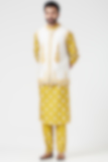 Yellow Kurta Set With Bundi Jacket by RAR Studio Men