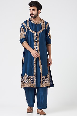 Indigo Blue Embroidered Indo Western Set by Rar Studio Men