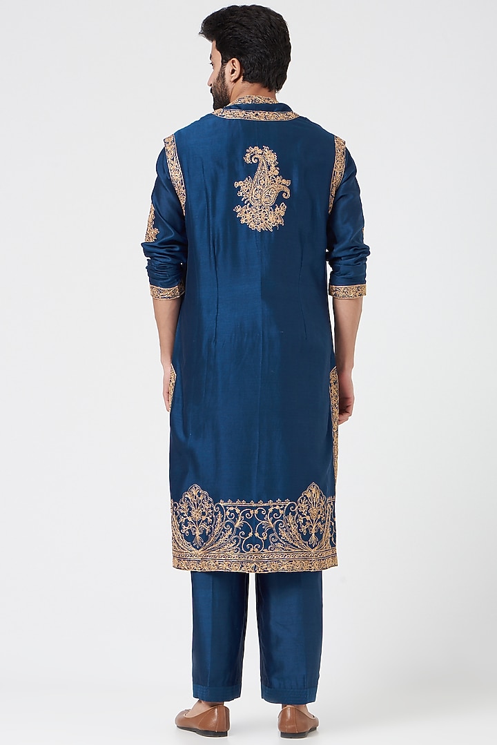 Indigo Blue Embroidered Indo Western Set by Rar Studio Men at Pernia's Pop Up Shop