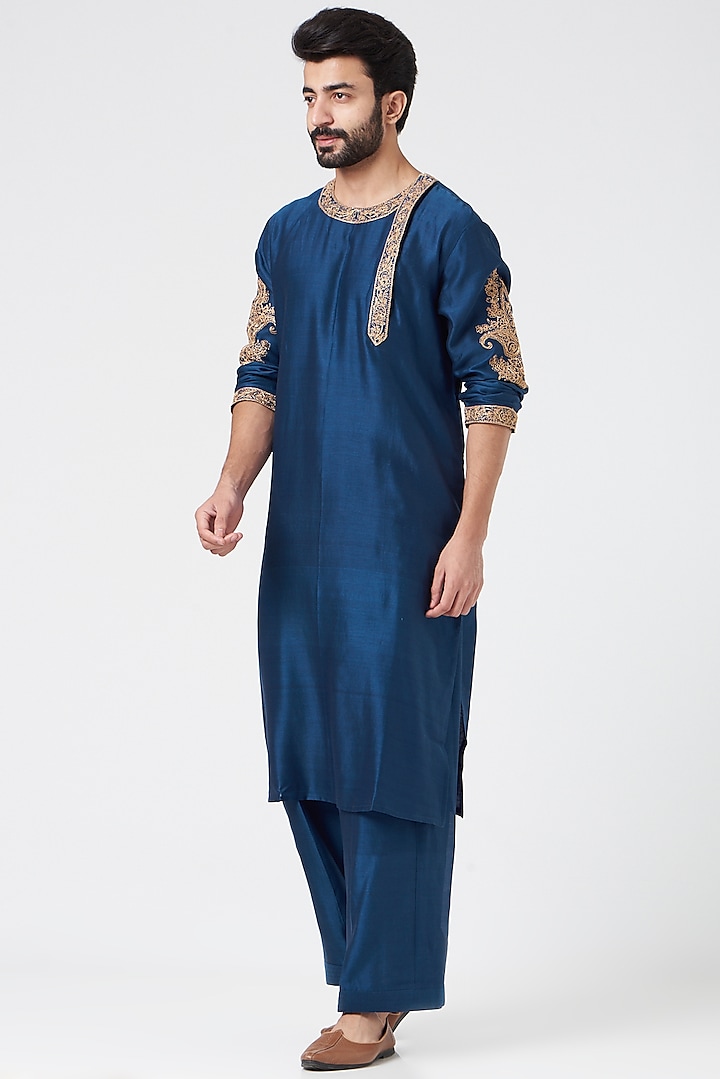 Indigo Blue Embroidered Indo Western Set by Rar Studio Men at Pernia's Pop Up Shop