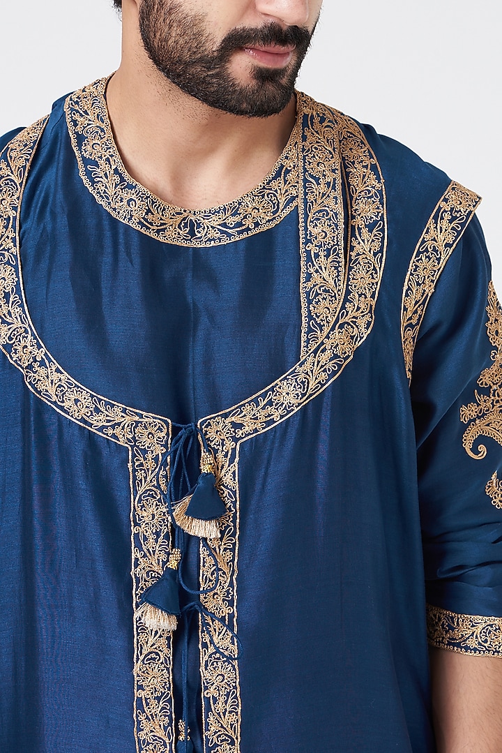 Indigo Blue Embroidered Indo Western Set by Rar Studio Men at Pernia's Pop Up Shop