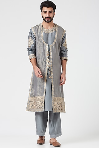 Grey Indo Western Set With Embroidery by Rar Studio Men