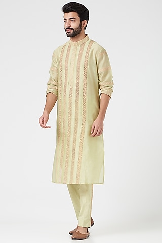 Mint Green Chanderi Handloom Embroidered Kurta Set by Rar Studio Men