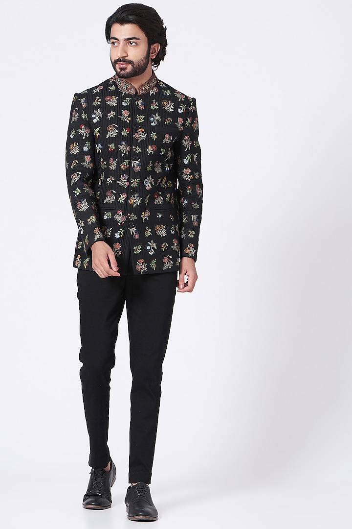 Black Embroidered Quilted Jacket by Rar Studio Men