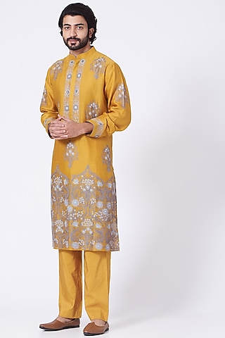 Citrus Yellow Aari Embroidered Kurta Set by Rar Studio Men