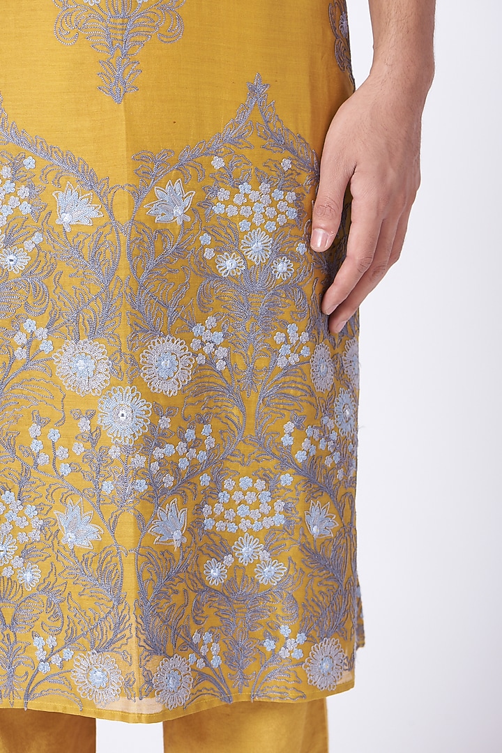 Citrus Yellow Aari Embroidered Kurta Set by Rar Studio Men at Pernia's Pop Up Shop