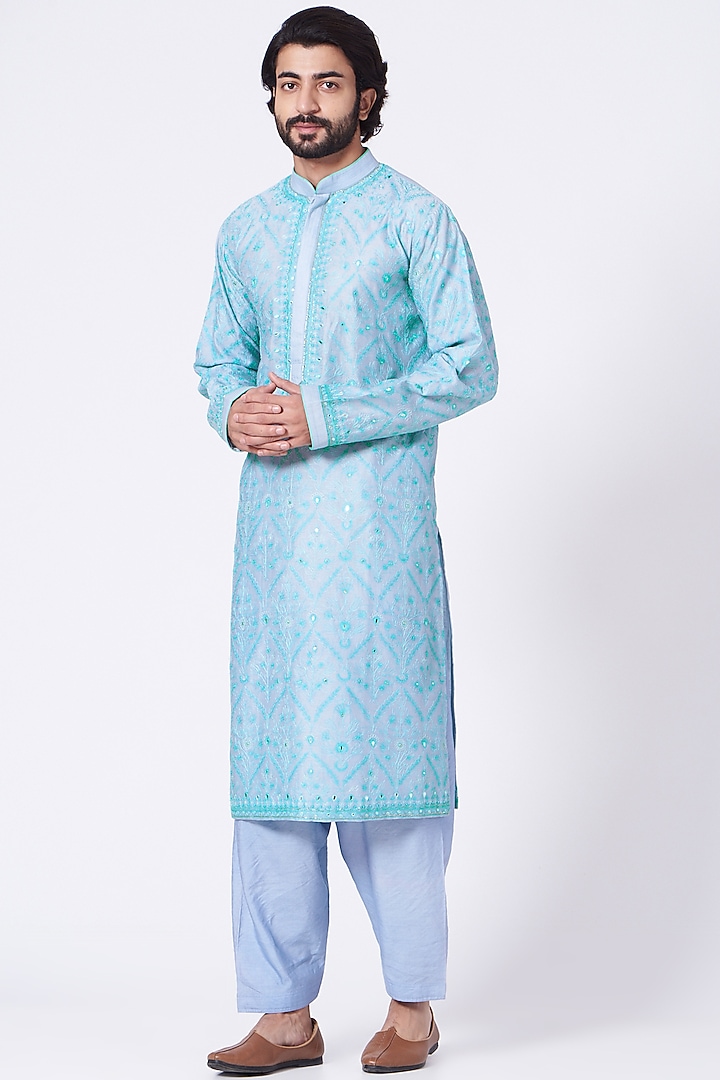 Pale Blue Hand Embroidered Kurta Set by Rar Studio Men at Pernia's Pop Up Shop