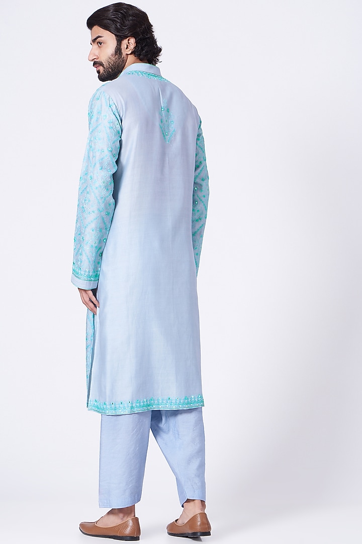 Pale Blue Hand Embroidered Kurta Set by Rar Studio Men at Pernia's Pop Up Shop
