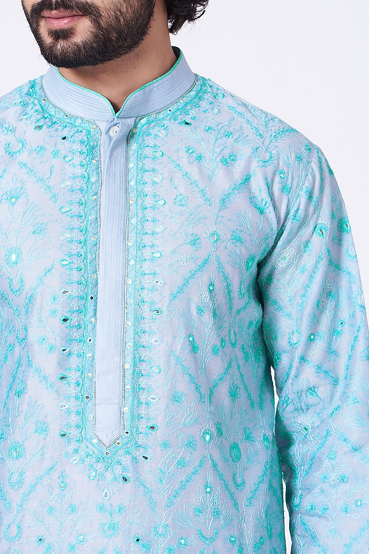 Pale Blue Hand Embroidered Kurta Set by Rar Studio Men at Pernia's Pop Up Shop