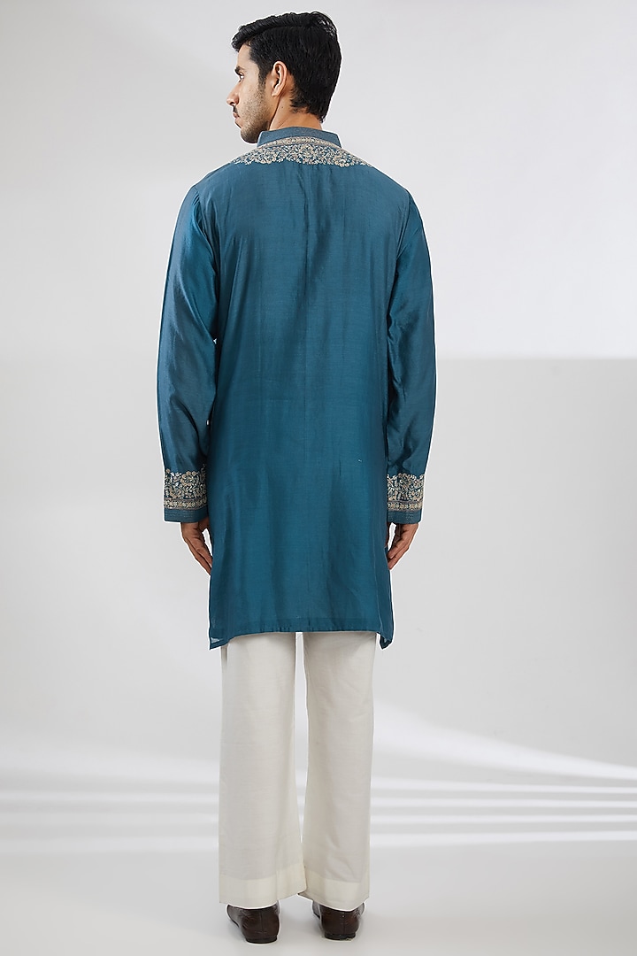 Denim Blue Chanderi Zari Embroidered Kurta by Rar Studio Men at Pernia's Pop Up Shop