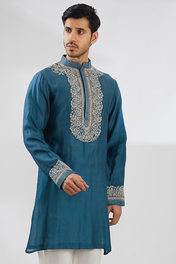 Denim Blue Chanderi Zari Embroidered Kurta by Rar Studio Men at Pernia's Pop Up Shop