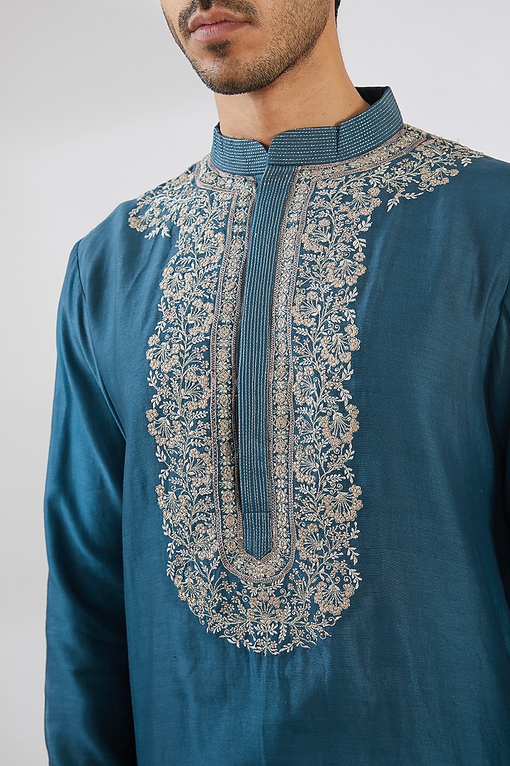 Denim Blue Chanderi Zari Embroidered Kurta by Rar Studio Men at Pernia's Pop Up Shop