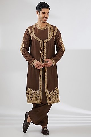 Chocolate Brown Silk & Cotton Dori Embroidered Angrakha Jacket Set by Rar Studio Men