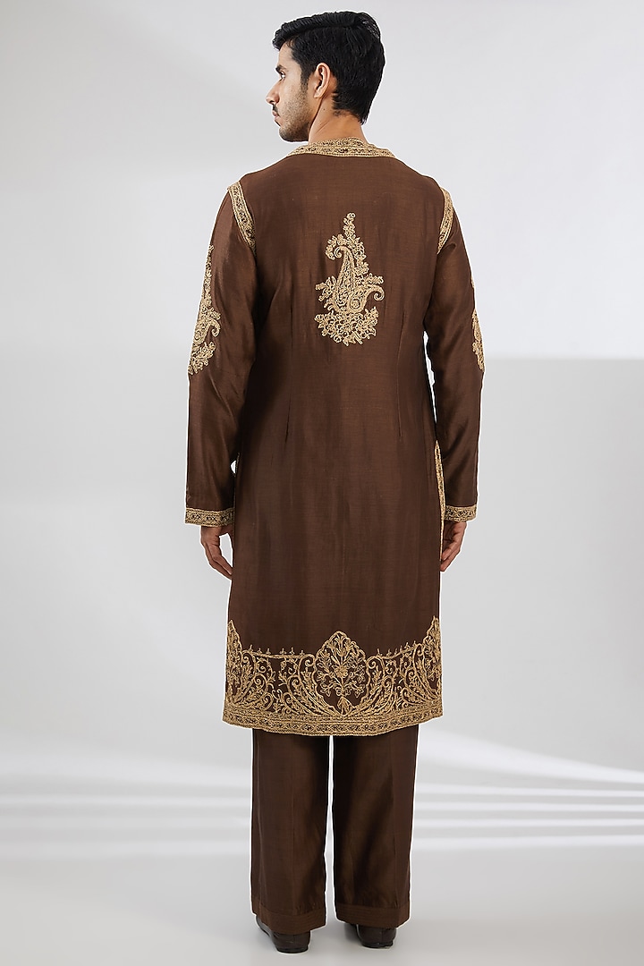 Chocolate Brown Silk & Cotton Dori Embroidered Angrakha Jacket Set by Rar Studio Men at Pernia's Pop Up Shop