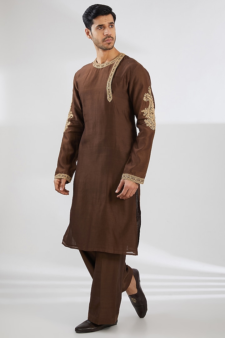 Chocolate Brown Silk & Cotton Dori Embroidered Angrakha Jacket Set by Rar Studio Men at Pernia's Pop Up Shop