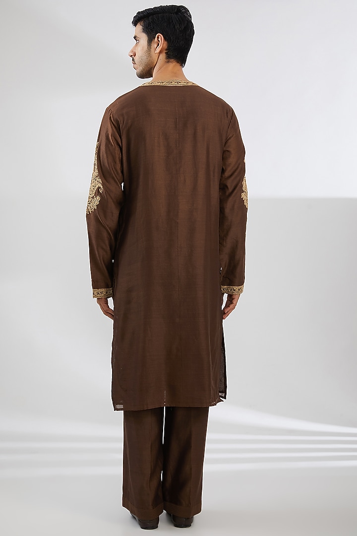 Chocolate Brown Silk & Cotton Dori Embroidered Angrakha Jacket Set by Rar Studio Men at Pernia's Pop Up Shop