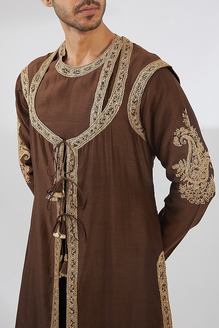 Chocolate Brown Silk & Cotton Dori Embroidered Angrakha Jacket Set by Rar Studio Men at Pernia's Pop Up Shop