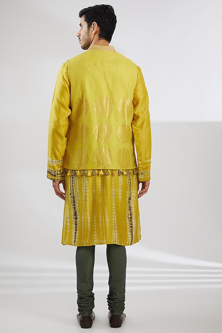 Mustard Silk & Cotton Dori Embroidered Nehru Jacket Set by Rar Studio Men at Pernia's Pop Up Shop