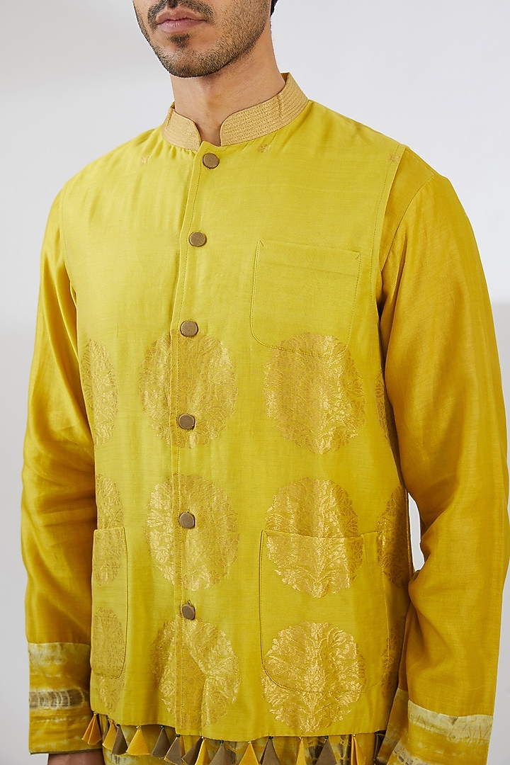 Mustard Silk & Cotton Dori Embroidered Nehru Jacket Set by Rar Studio Men at Pernia's Pop Up Shop