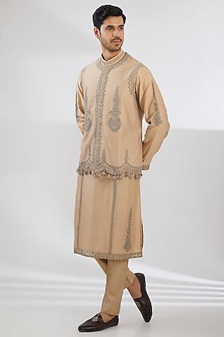 Beige Silk & Cotton Aari Embroidered Nehru Jacket Set by Rar Studio Men