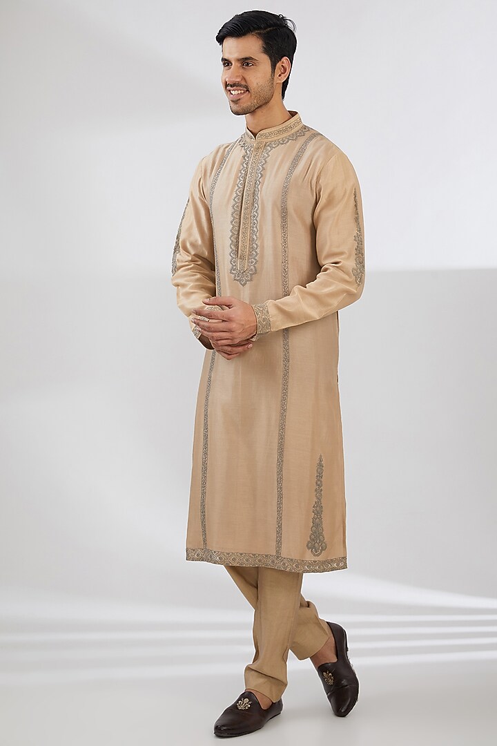 Beige Silk & Cotton Dori Embroidered Nehru Jacket Set by Rar Studio Men at Pernia's Pop Up Shop