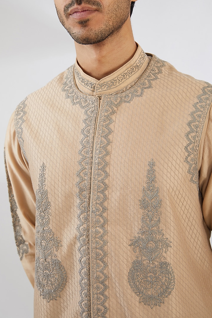 Beige Silk & Cotton Dori Embroidered Nehru Jacket Set by Rar Studio Men at Pernia's Pop Up Shop