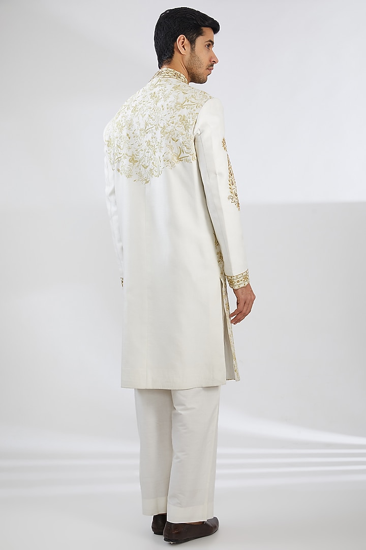 Ivory Chanderi Zari Hand Embroidered Groom Sherwani Set by Rar Studio Men at Pernia's Pop Up Shop